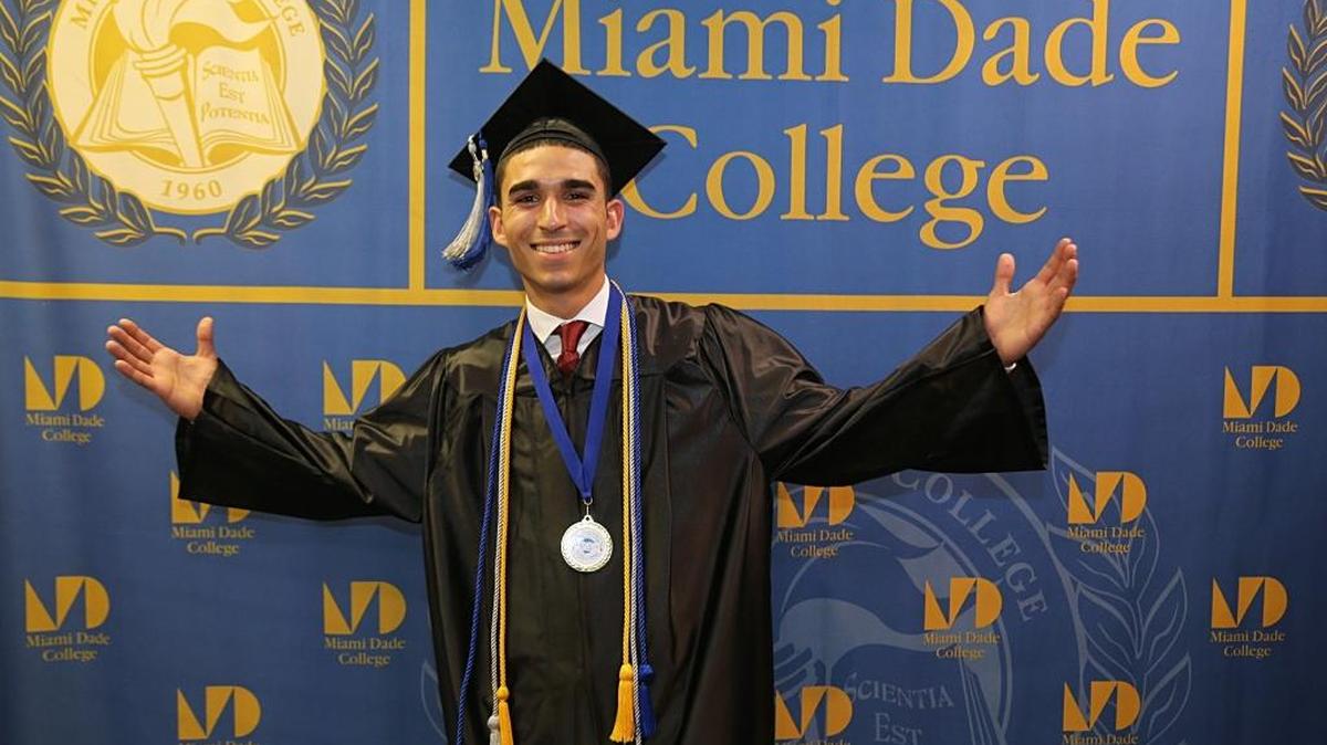 Enrique Sepulveda, vice president of the Student Government Association at Miami Dade College’s Wolfson Campus, expresses his happiness during 2017 Commencement Ceremony. The Braman Family Foundation announced in August 2017 that it is giving $1 million in scholarships to Miami Dade College and Florida International University students to help them graduate on time.