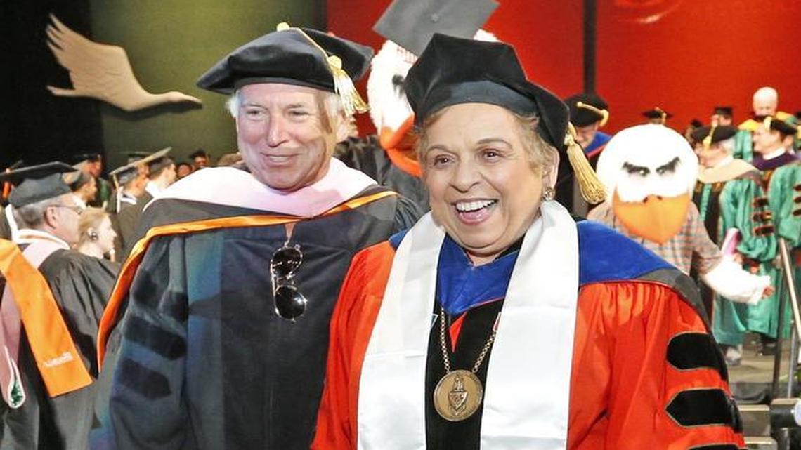 
Jimmy Buffett and Donna Shalala are seen leaving UM’s graduation ceremony on Friday, May 8, 2015. Singer-songwriter Buffett, who received an honorary music degree, delivered salty bits of advice during a commencement speech at the ceremony, which was one of Shalala’s last official acts as UM president after 14 years at the helm.
