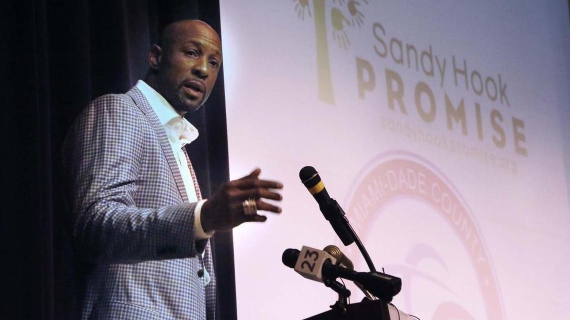 Alonzo Mourning speaks at the John A. Ferguson Senior High Auditorium on Monday. Miami-Dade County Public Schools is launching a district-wide violence prevention program in all of its schools in partnership with Sandy Hook Promise, an organization founded by families affected by the Newtown, CT, shooting four years ago.