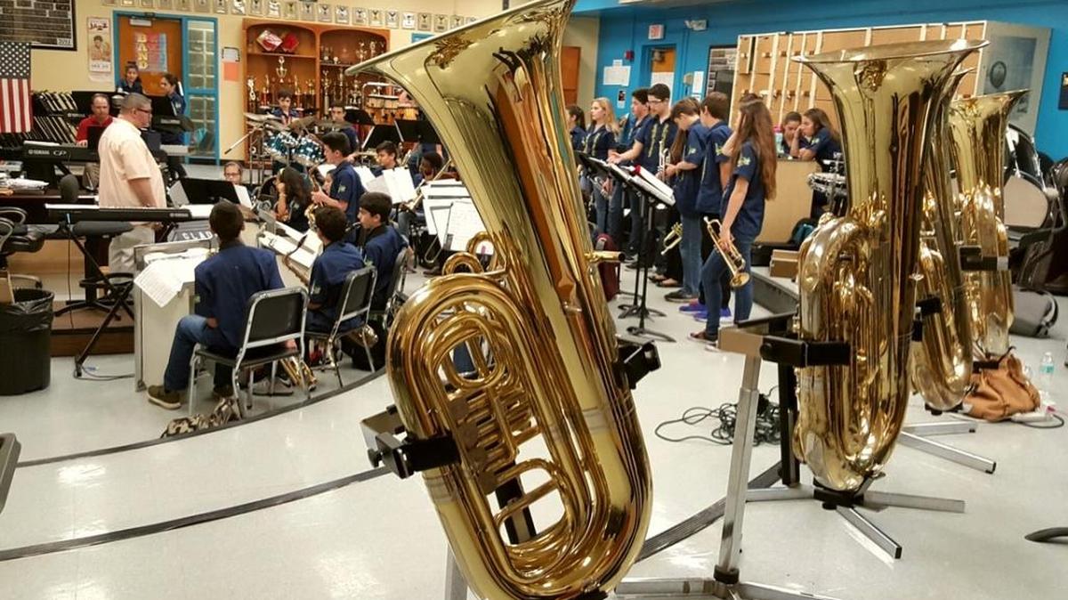 Glades Middle School Jazz Band practices with the new music equipment after the collaboration between Miami-Dade Schools and Music for Your Heart Foundation.