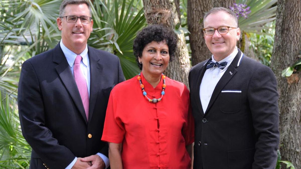 Palmer Trinity School was recently inducted into Round Square, a worldwide network of innovative schools from across five continents. Patrick Roberts, head of school, stands with Manjula Salomon, associate head of school for academic affairs, and Danny Reynolds, associate head of school for external relations, after being initiated into the Round Square. Reynolds will serve as the first Round Square representative.