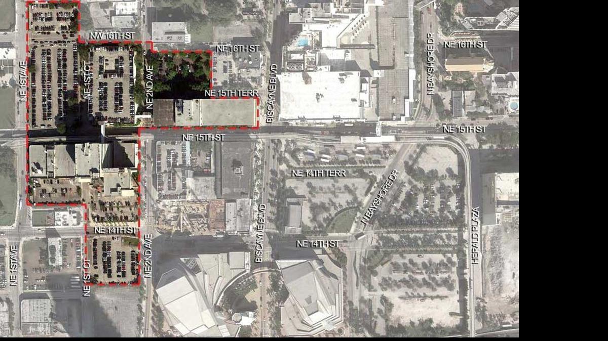 
In this map provided by the Miami-Dade County School Board, a red line shows the board’s property near Biscayne Boulevard in downtown Miami.
