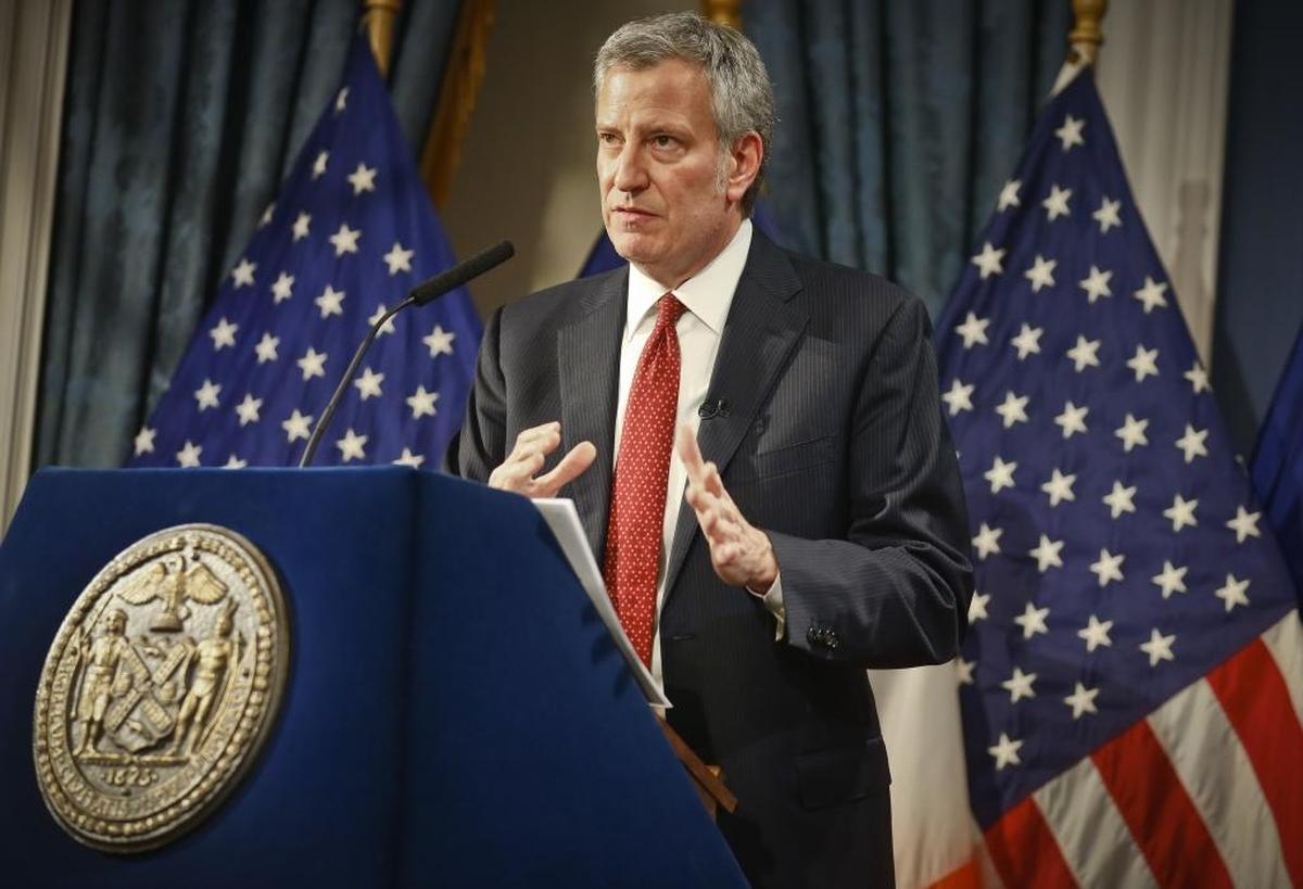 Mayor Bill de Blasio speaks as he presents his preliminary budget during a press conference at city hall, Thursday Feb. 1, 2018, in New York.