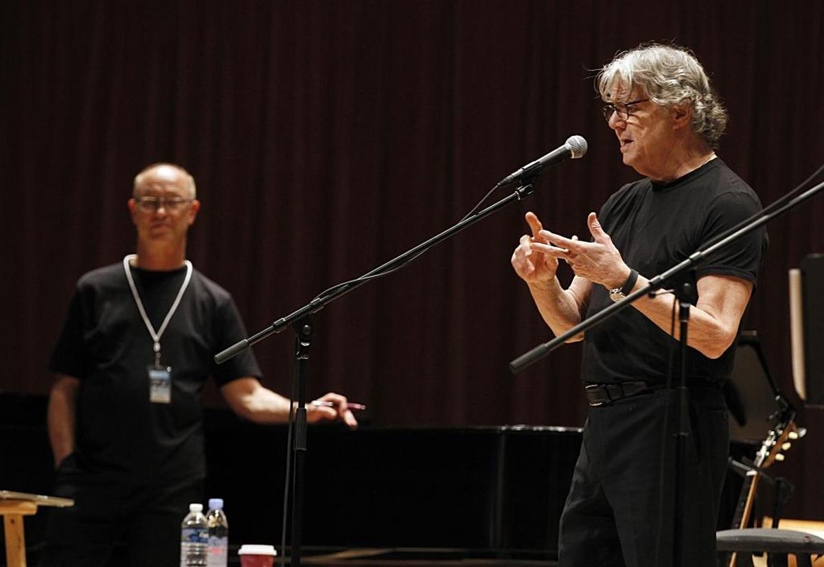 UM Frost School of Music Dean Shelly Berg, left, listens as pop star Steve Miller tells Miami-Dade high school students he made $11 million licensing his 1976 hit, “Fly Like an Eagle,” to the U.S. Postal Service. The musicians were part of Jazz Roots at the Arsht Center on April 07, 2017.