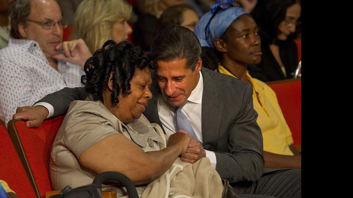 
Alberto Carvalho, superintendent of Miami-Dade County Public Schools, chats with Deborah Taylor, daughter of Georgia Jones-Ayers, as the Miami-Dade County School Board voted Wednesday to rename Allapattah Middle school after the late community leader, who died in February at age 86.
