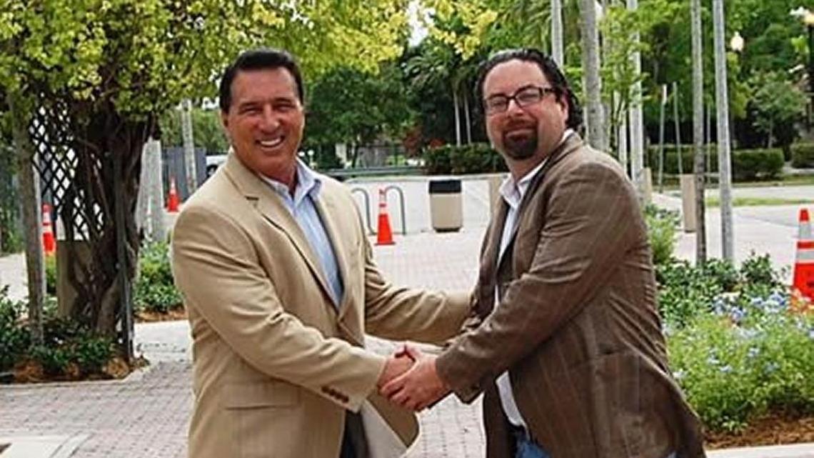 Dade Medical College owner Ernesto Perez and former Homestead Mayor Steve Bateman. While Bateman was in office, Dade Medical paid the mayor’s wife $100,000 for real estate work. Bateman, meanwhile, lobbied city officials to approve a land deal the college wanted.