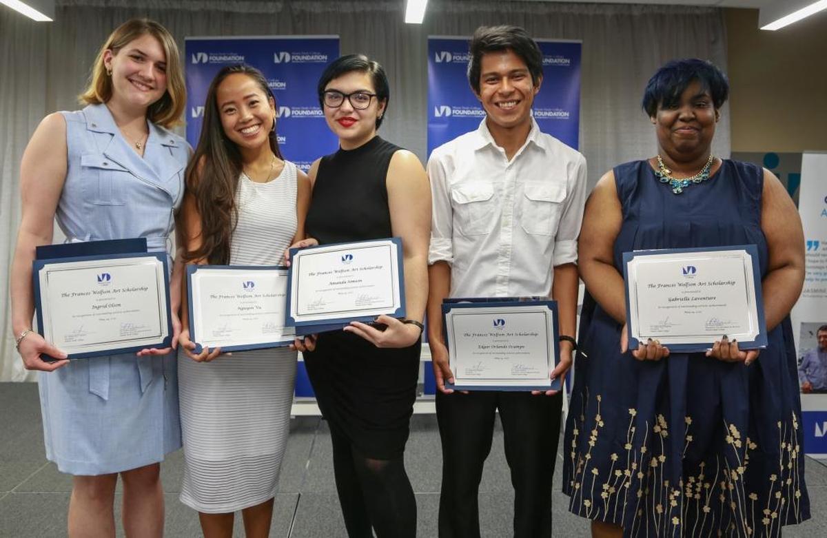 Gabriella Laventure, Edgar Orlando Ocampo, Ingrid Olson, Amanda Simeon and Nguyen Vu of Miami Dade College each received a $1,500 Frances Wolfson Art Scholarship for their winning art submissions, which included paintings, acrylic drawings, charcoal and mixed media.