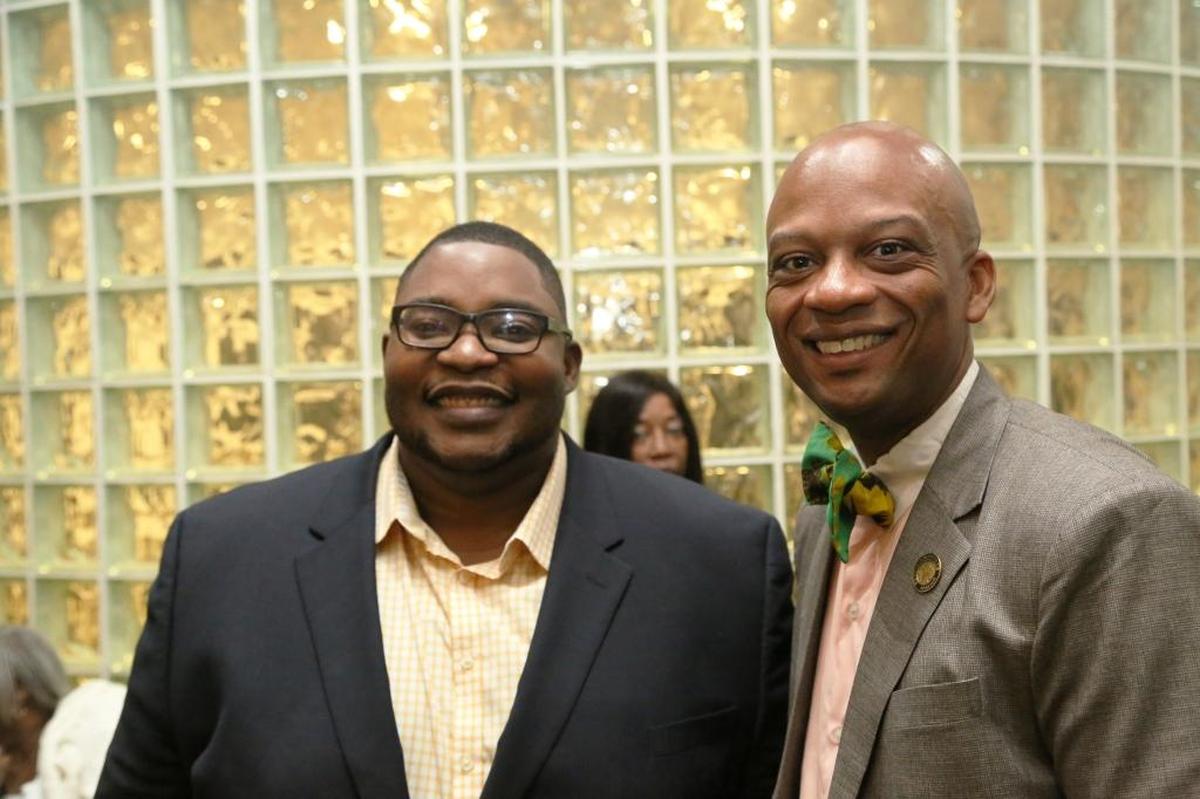 South Florida author Zach Rinkins and Miami Gardens Mayor Oliver Gilbert, at the “I Am College Material Community Conversation on College and Careers” event in Miami Gardens on on Dec. 21, 2017.