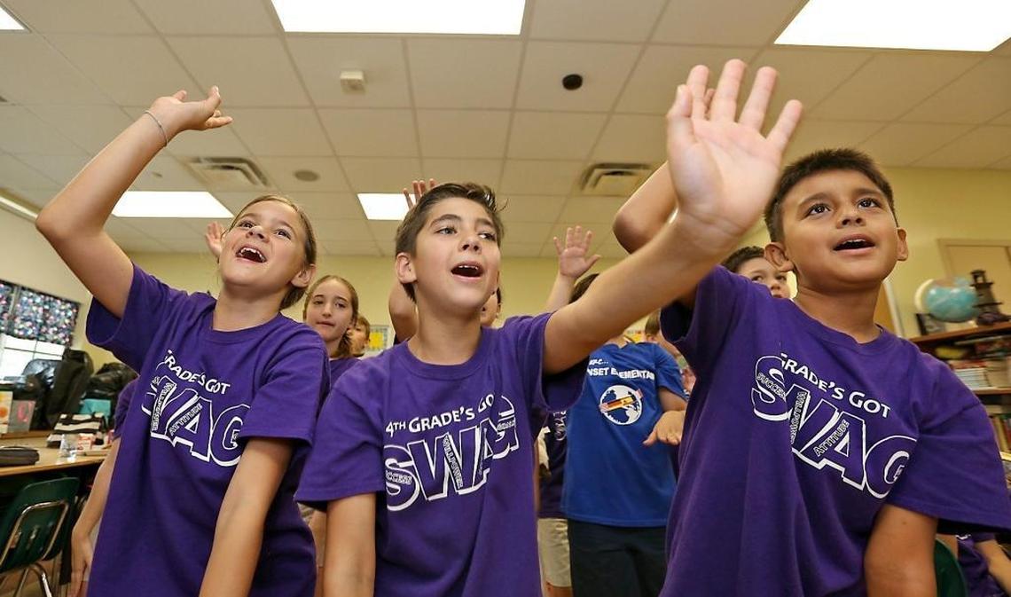 Payton Byrd (left), Tomas Galbis, and Esteban Chiquito unwind on the last day of school in Marlem Diaz-Brown’s 4th grade class at Sunset Elementary school on Thursday, June 8, 2017.