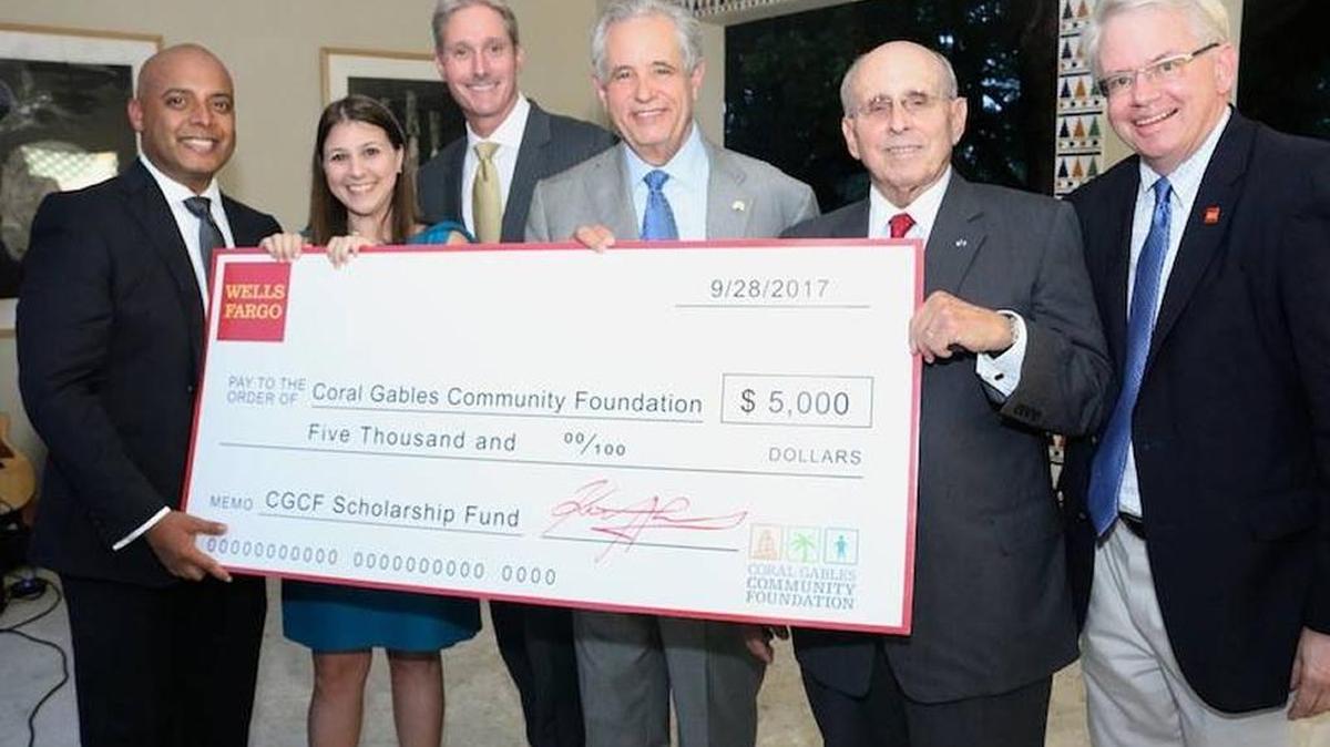 The Coral Gables Community Foundation received a $5,000 check from Wells Fargo to support the foundation’s four-year scholarship fund. Foundation board member Kaiser Ahmed, Wells Fargo’s vice president and district manager of Downtown and Coral Gables, at left, presented the check to the foundation’s other board members.