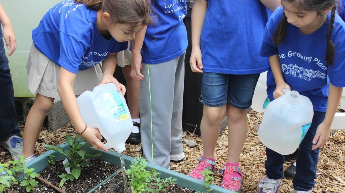 Two kindergarteners watering the plants inside the garden at The Growing Place.