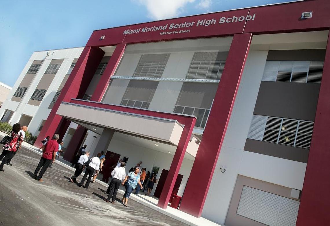Front view of the new Miami Norland Senior High School building, which was built with funds from the $1.2 billion school improvement bond.