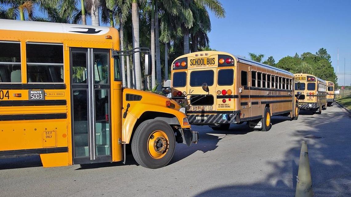 Buses line up for a dry run before the start of school in Miami-Dade County, on Monday, Aug. 14, 2017. District officials say there is a serious shortage of bus drivers for the 2021-2022 school year.