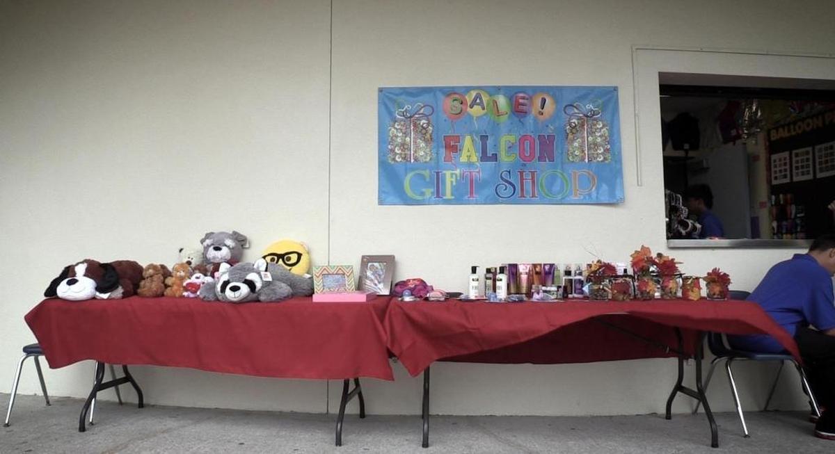 Merchandise on display at the Falcon Gift Shop at John A. Ferguson Senior High School, a job training program for teens with autism and other special needs.
