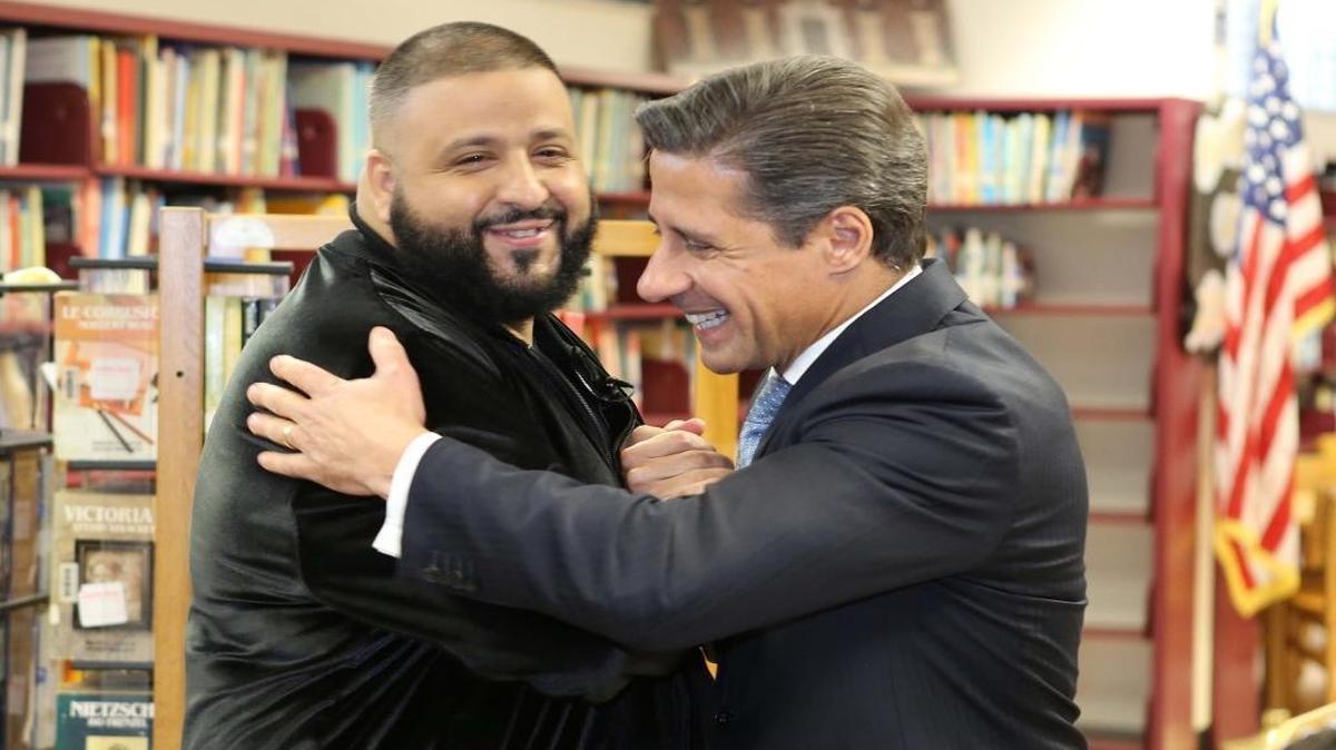 Miami-Dade Schools Superintendent Alberto Carvalho and DJ Khaled helped Carol City Middle School celebrate winning a national attendance competition.