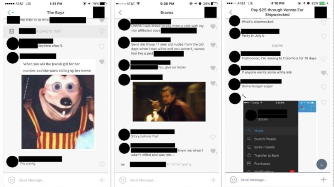 Screenshots of a group chat connected to FIU’s Tau Kappa Epsilon fraternity chapter. The fraternity was suspended in October after the chats were leaked to university administrators.