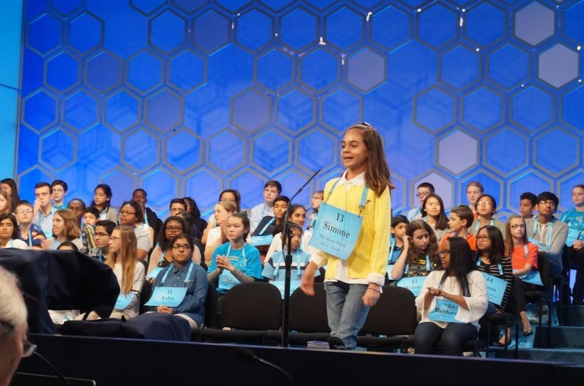 Simone Kaplan, an 11-year-old from Davie, spells a word during the Scripps National Spelling Bee in Maryland on Wednesday, May 31, 2017.