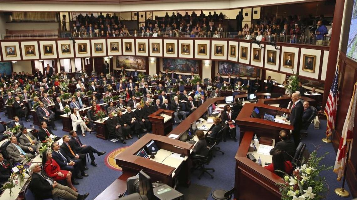 Florida Gov. Rick Scott addresses a joint session of the Florida Legislature on Tuesday, Jan. 9, 2018, at the Capitol in the House chamber.
