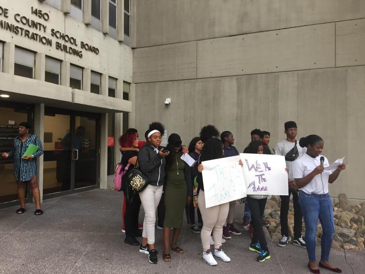 Students protest out-of-school suspensions and sexual harassment outside the Miami-Dade School Board offices on Wednesday, October 18, 2017.