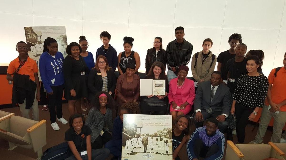 
From left: Students of Booker T. Washington Senior High, Alexis Moseley from Miami-Dade Commissioner Sally Heyman’s office, Miami-Dade Commissioner Audrey Edmonson, ‘Rosenwald’ filmmaker Aviva Kempner (holding a certificate of appreciation, Miami-Dade NAACP President Dr. Shirley B. Johnson and Pastor Willie Williams.
