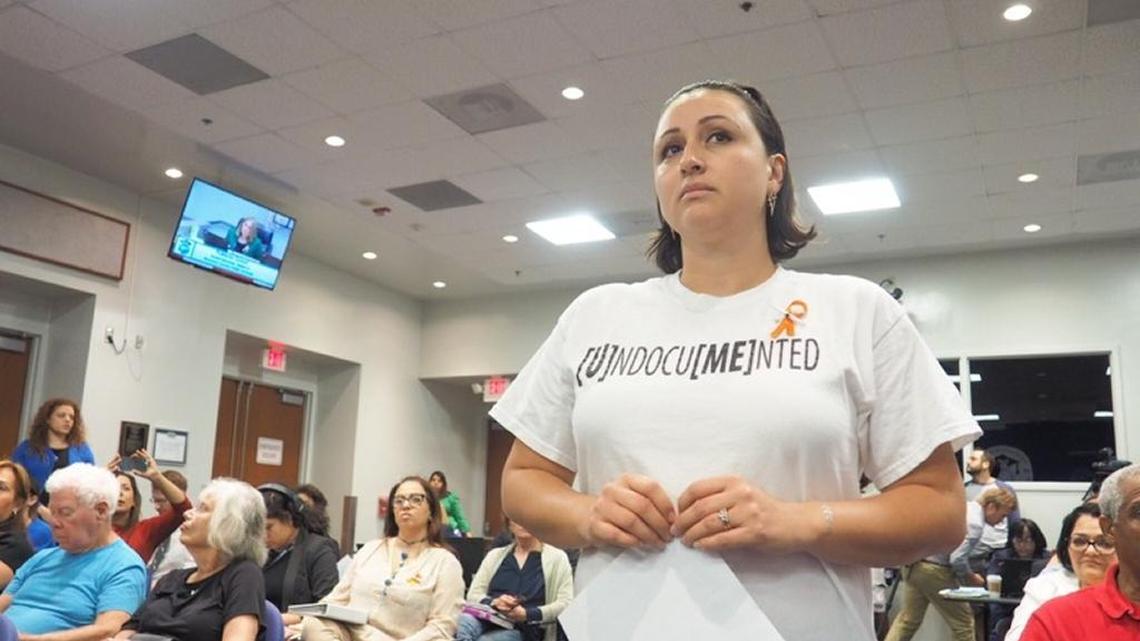 Maria-Victoria Ramirez, the daughter of Colombian immigrants, spoke in favor of a Broward County school board resolution to protect undocumented students from immigration raids.
