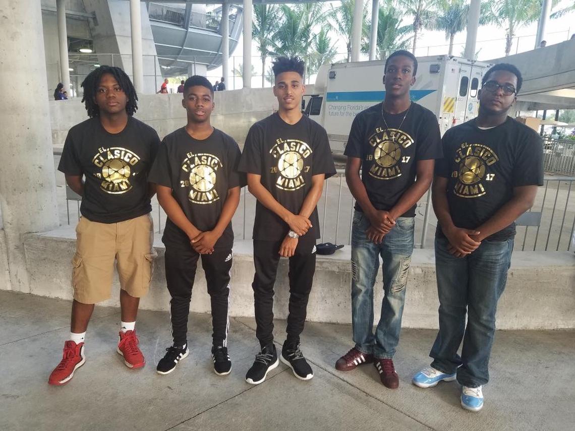 Frantz Paul, Khareem Oliver, Giovani Marks, Sandruny Fortune and Marvens Mertune were honored at the International Champions Cup El Clasico soccer game at the Hard Rock Stadium in Miami Gardens, as $10,000 scholarship winners.