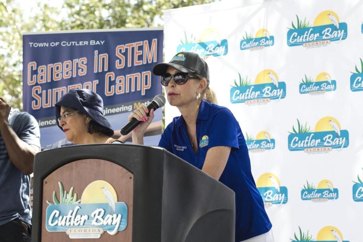 Cutler Bay Town Mayor Peggy Bell speaks during a STEM Summer Camp presentation at Cutler Ridge Park on Saturday, Aug. 12, 2017.