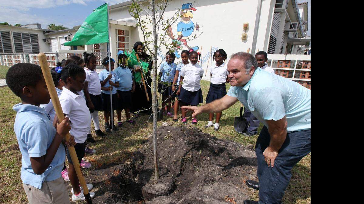 
Artist Xavier Cortada helps students plant a live oak at Fulford Elementary School in North Miami Beach on Wednesday, April 22, 2015.


