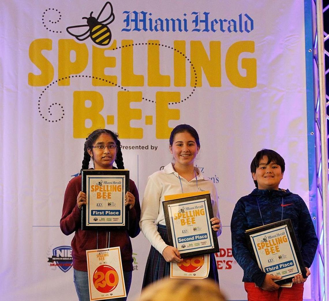 From left: Winner Vasundara Govindarajan, from Frank C. Martin K-8 International Center; second place winner, Sabrina Soto, from Carrollton School of the Sacred Heart; and third place finisher Hudson Kaplan, from the Alexander Montessori School. They competed Tuesday, March 6, at the 78th annual Miami Herald Spelling Bee at Jungle Island.