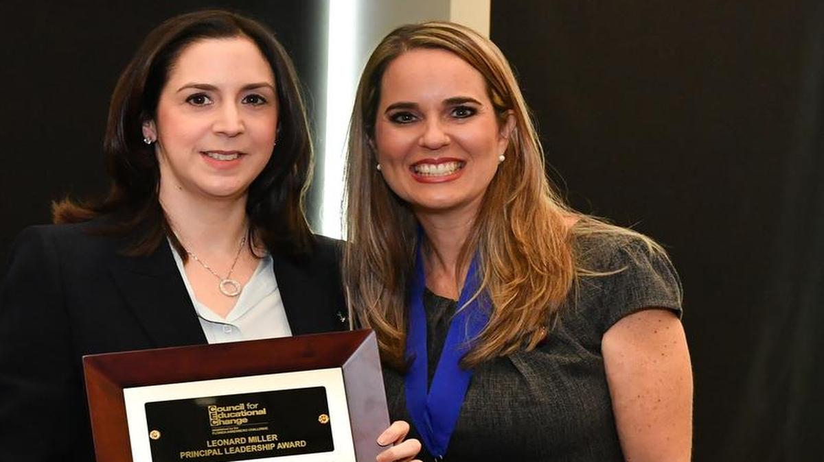 Principal Jeanette Acevedo-Isenberg of Downtown Doral Charter Elementary School won the Council for Educational Change’s Leonard Miller Principal Leadership Award. Acevedo-Isenberg is pictured with her business mentor Ana-Marie Codina Barlick, CEO of Codina Partners.