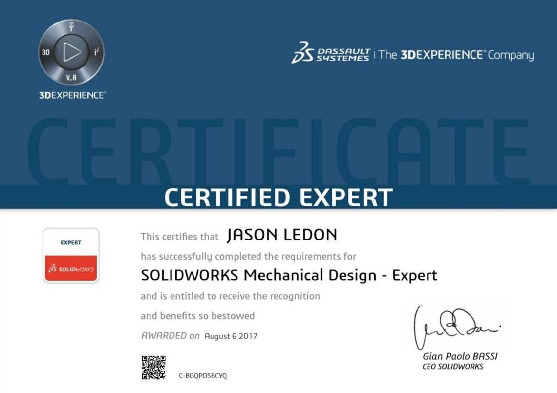 Jason Ledon, accomplished expert status at age 16, on his first try, making him the youngest SolidWorks Certified Expert in the world, his school advisor has been told.