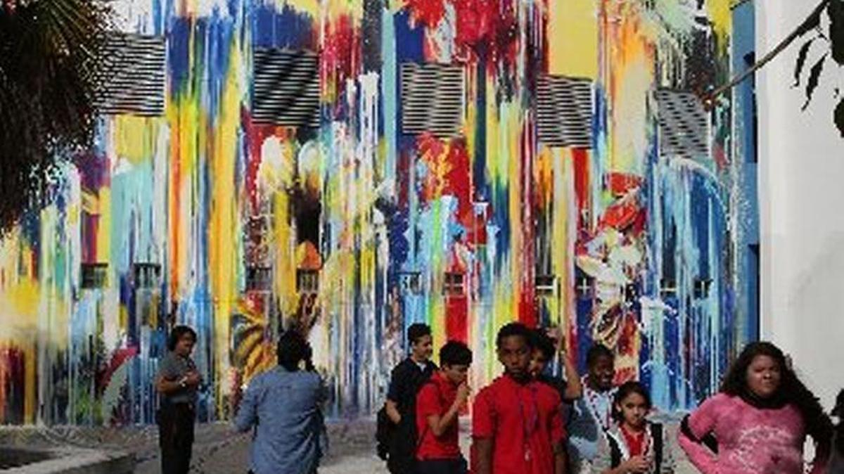 Students walk in the courtyard of Jose de Diego Middle School, a school that is located within the Wynwood neighborhood, where the majority of locally acquired Zika cases are.