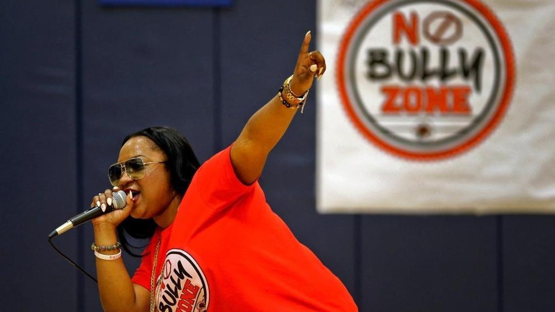 North Miami Middle School students listen to the music and message from Elizabeth Elie, aka rap artist Lizzie G, on Thursday, March 16, 2017. Lizzie G was on a school tour in Miami presenting an anti-bullying workshop along with positive musical entertainment.