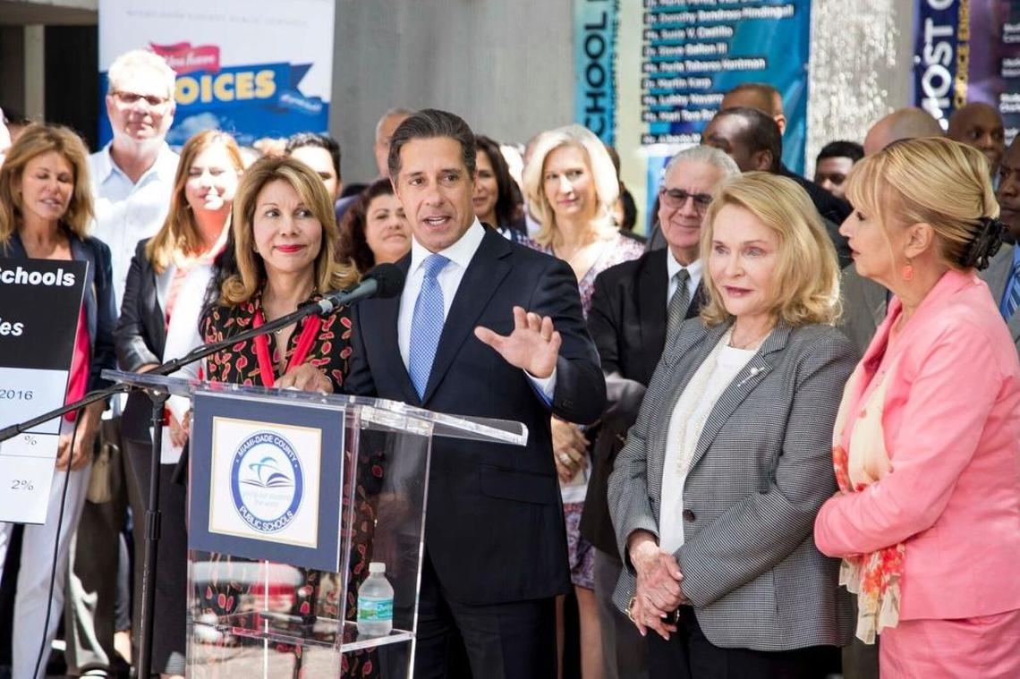 Miami-Dade schools chief Alberto Carvalho, with School Board members, announces that no school received an F.