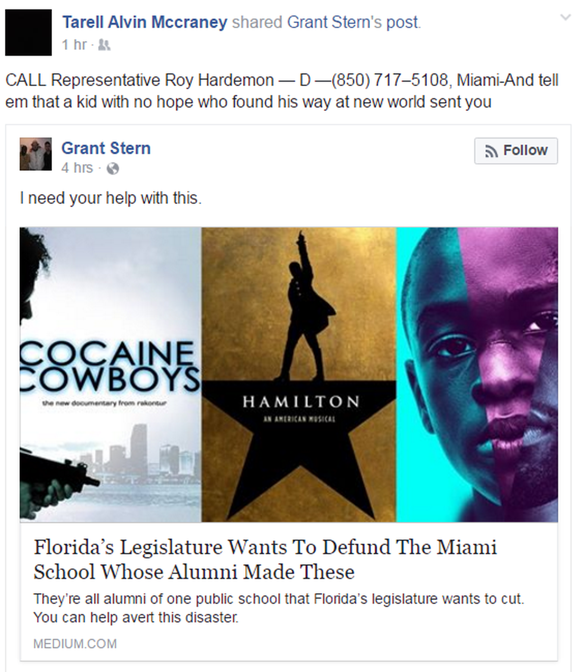 A Facebook post from Tarell Alvin McCraney, a New World graduate who wrote the play that served as the basis for Moonlight.