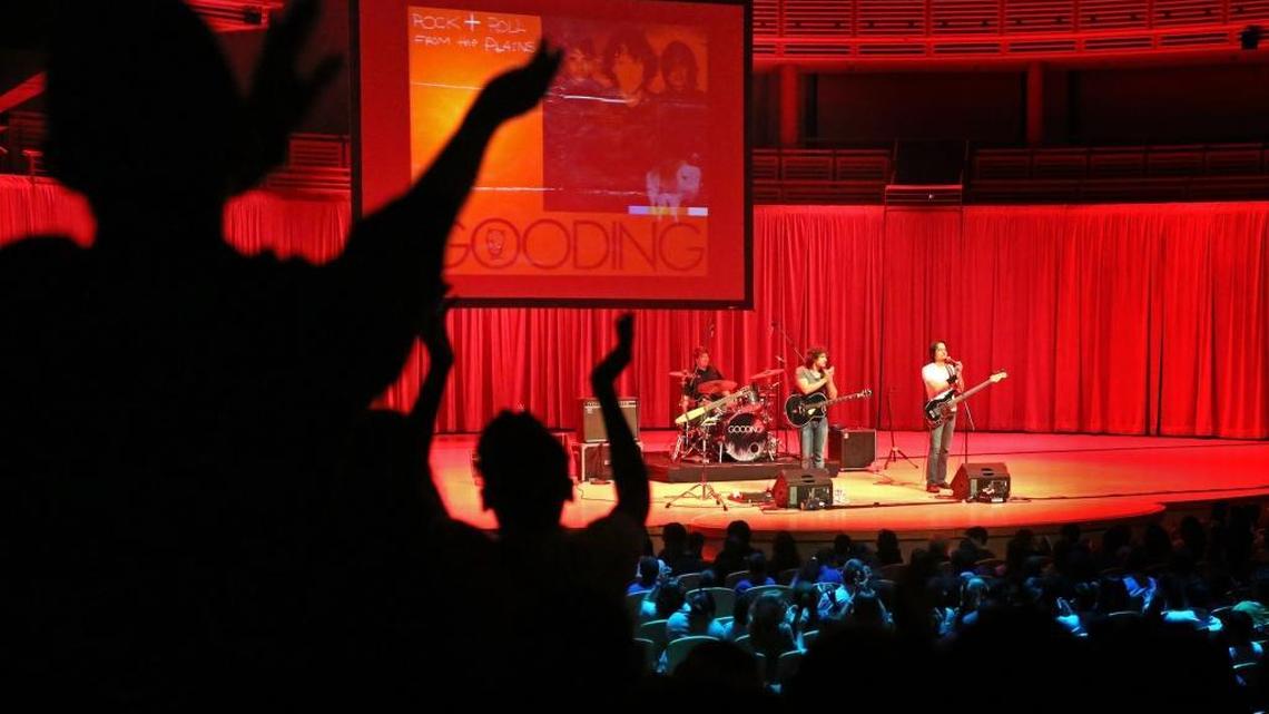 
The rock band GOODING performs for about 1,500 Miami-Dade middle and high school students at the Adrienne Arsht Center Knight Concert Hall Friday, Sept. 25, 2015. The group inspires kids with their music and then delivers a short, upbeat lecture on financial responsibility.
