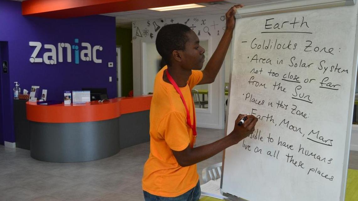 Sherman Hewitt, 21, teaches kids about the ‘Goldilocks zone’ as part of the Minecraft Galaxy course he developed last year. The ‘Goldilocks zone’ is a term used to describe the distance from the sun where conditions are not ‘too hot,’ or ‘too cold,’ but ‘just right’ to sustain human life.