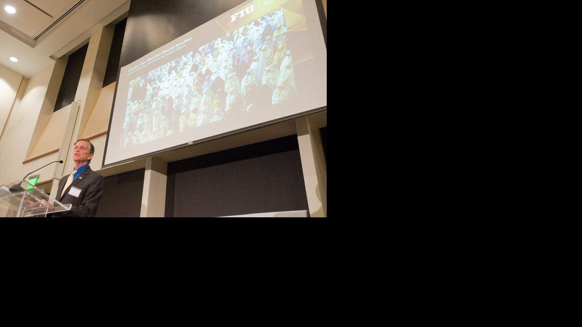 
Kenneth Furton, provost, executive vice president, and chief operating officer for Florida International University, talks about the new Muslim World Studies Center initiative at FIU during the fifth annual Coalition of South Florida Muslim Organizations’ Community Appreciation Dinner at the University of Miami, Saturday, Feb. 7, 2015.
