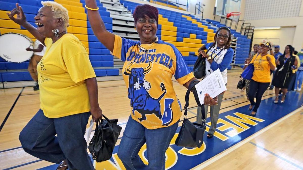 
Former Bull's students Isabelle Everett from the class of 1963, and Charlye Woods from the class of 1971, celebrated the first day of school with the seniors at Miami Northwestern Senior High. The school is celebrating its 60th graduating class after opening in 1955.
