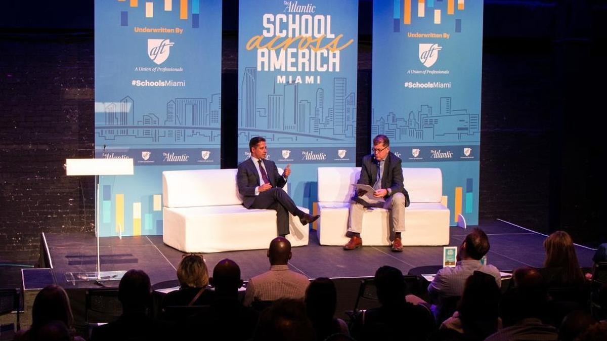Miami-Dade Superintendent Alberto Carvalho speaks with moderator Steve Clemons during The Atlantic School Across America event at the Miami-Dade County Auditorium in Miami on Monday, March 5, 2018.