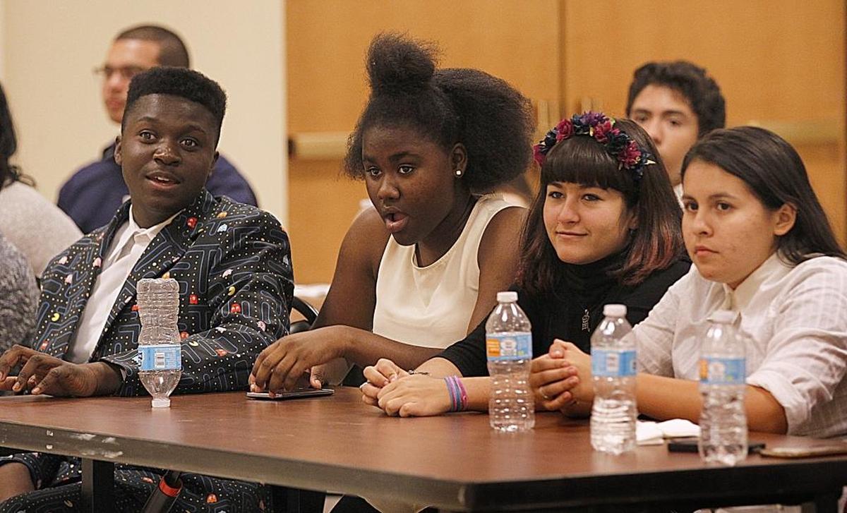 Miami-Dade Public School students, from left: Jamall Pinckney, Breanna Michel, Andrea Vargas and Danielle Alcantara, attended a blues class given by James Gasior, a professor at New World School of Arts, at the Arsht Center during Jazz Roots’ Sound Check session on April 07, 2017.