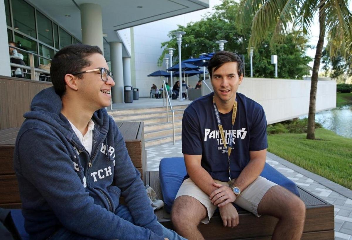 Childhood friends Ricardo Neco, 19, left, and Omar Jimenez, 20, who fled Puerto Rico after Hurricane Maria and started classes at Florida International University, on FIU campus on Wednesday, October 26, 2017.