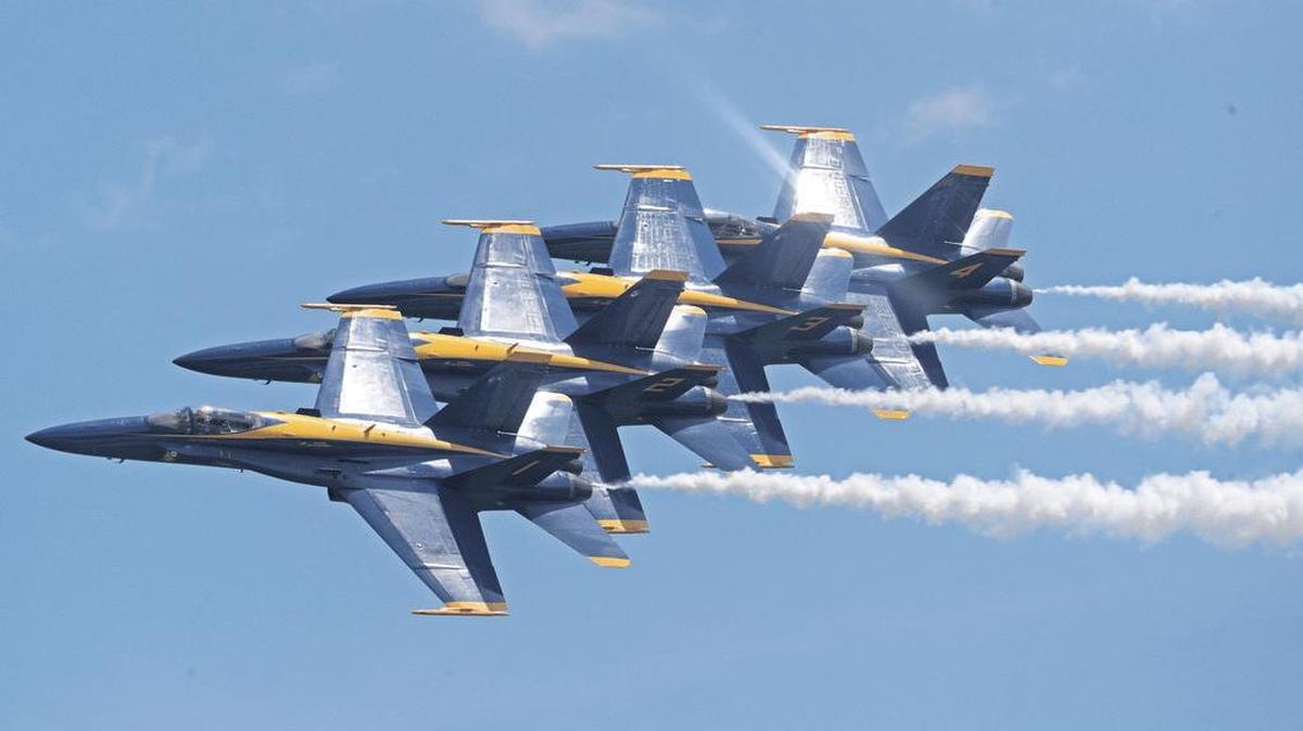 The U.S. Navy Blue Angels fly in formation during the 2019 Fort Lauderdale Air Show at Fort Lauderdale beach.