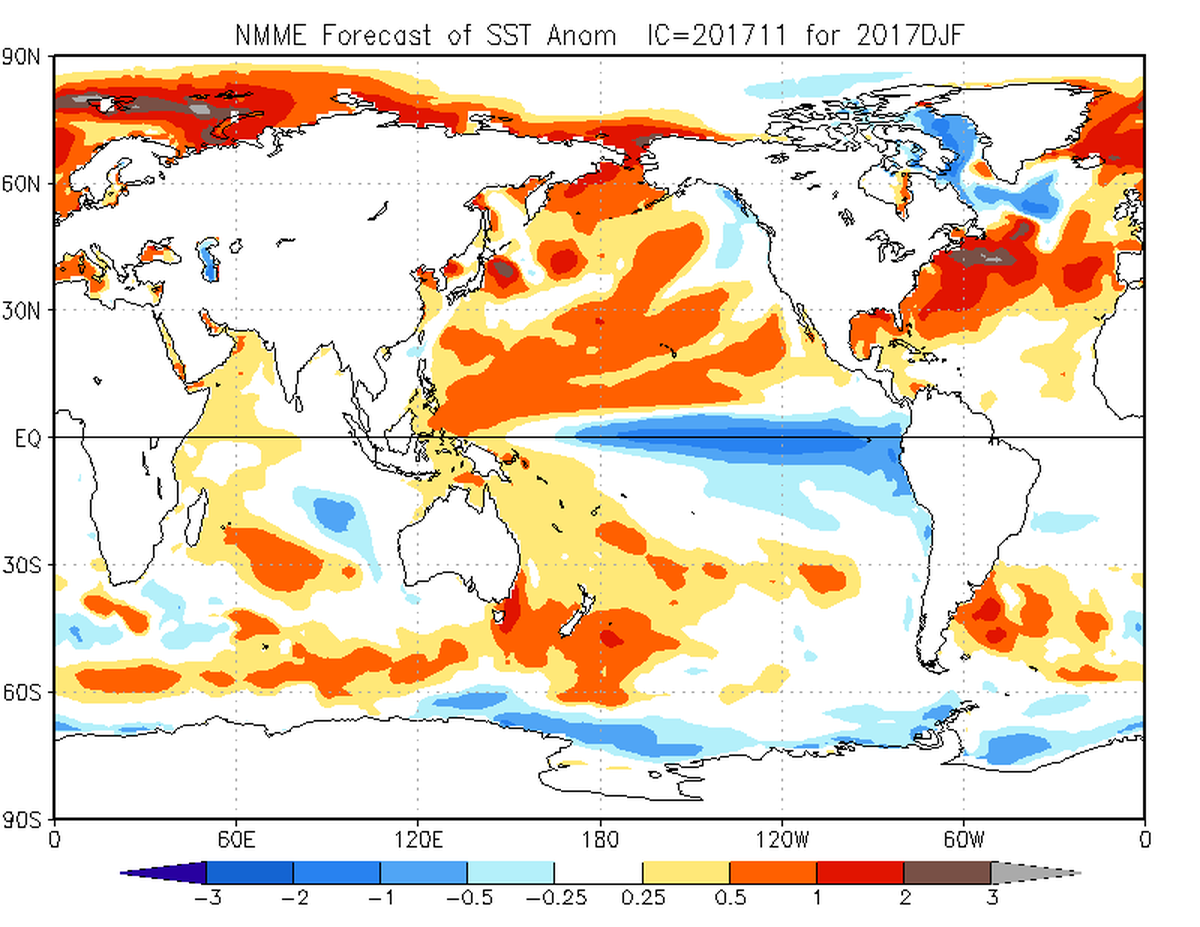 A figure showing sea surface temperature deviations from normal. The blue in the Pacific marks the forecasted La Niña.