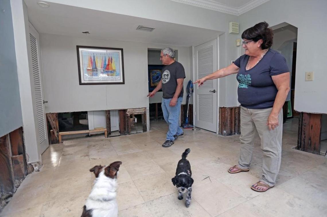 Penny Tannenbaum, right, and Michael Aronsohn point to the lower portion of walls that were removed due to floodwaters entering their home during Hurricane Irma. They would like to elevate their home but are having problems figuring out the complexities with the city of Miami.