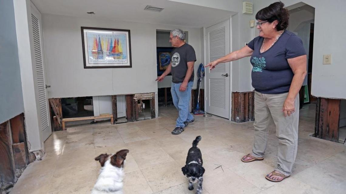 Penny Tannenbaum, right, and Michael Aronsohn point to the lower portion of walls that were removed due to floodwaters entering their home during Hurricane Irma. They would like to elevate their home but are having problems figuring out the complexities with the city of Miami.