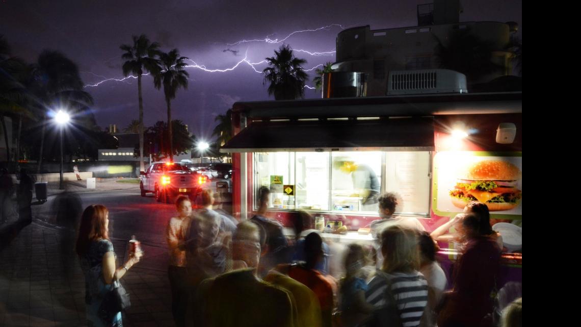 
Lightning streaks across the sky in September 2012 near the North Shore Park bandshell in Miami Beach.
