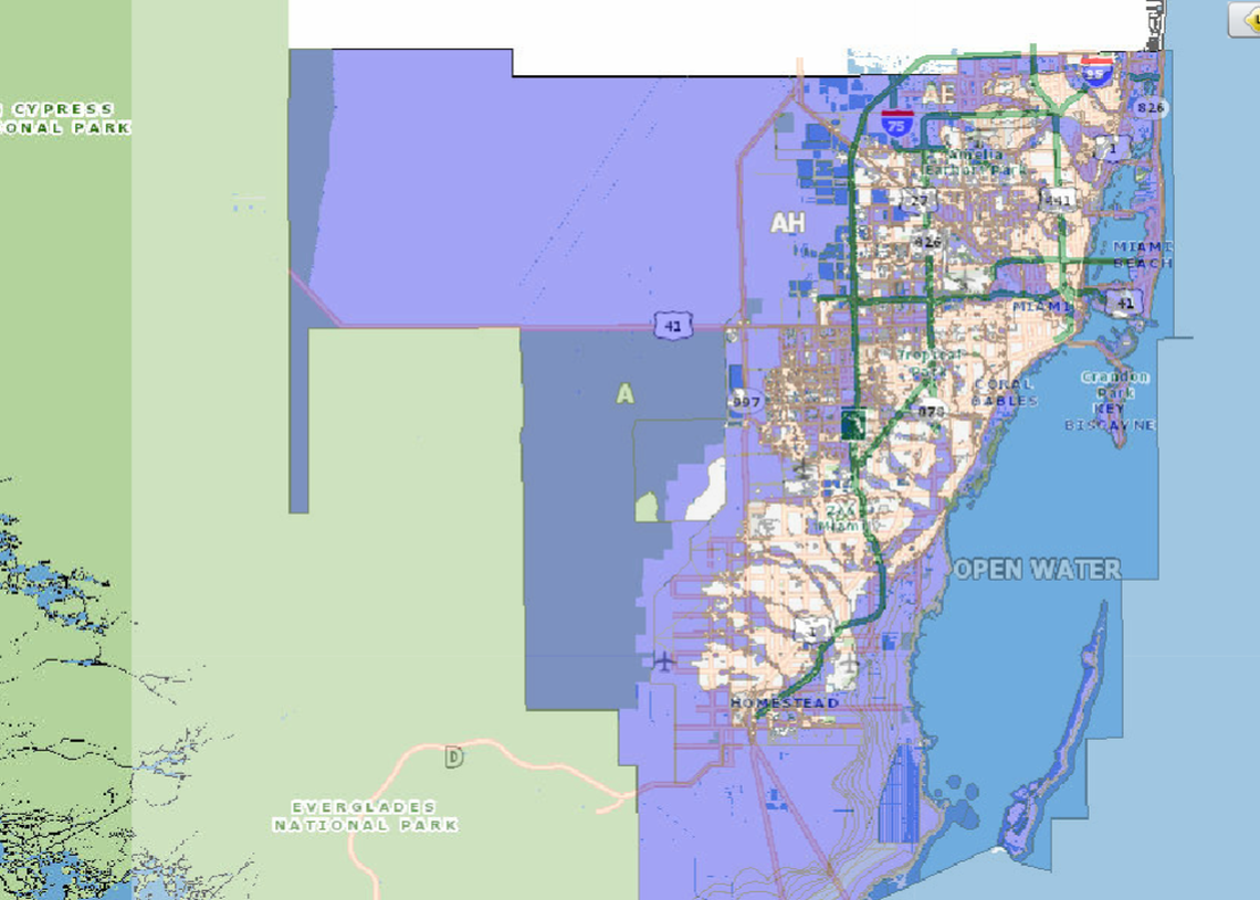 Miami-Dade County’s flood zone map shows a huge swath of the county, shaded purple, sitting in a 100-year flood plain.