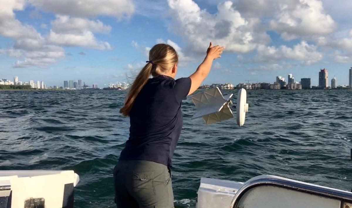 Miami Waterkeeper staff attorney and program director Kelly Cox tosses a drifter overboard off Key Biscayne on Wednesday. The drifters were used to track the path of micro currents near the site of a break in a sewer outfall pipe.