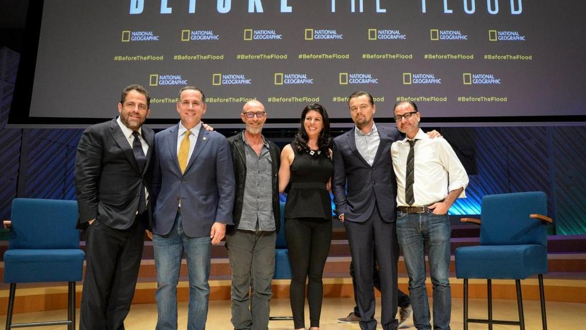 From left to right: Producer Brett Ratner, Miami Beach Mayor Philip Levine, University of Miami marine anthropologist Kenny Broad, Miami Waterkeeper Executive Director Rachel Silverstein, actor and producer Leonardo DiCaprio and director Fisher Stevens pose Tuesday night after a panel discussion about the documentary “Before the Flood.”